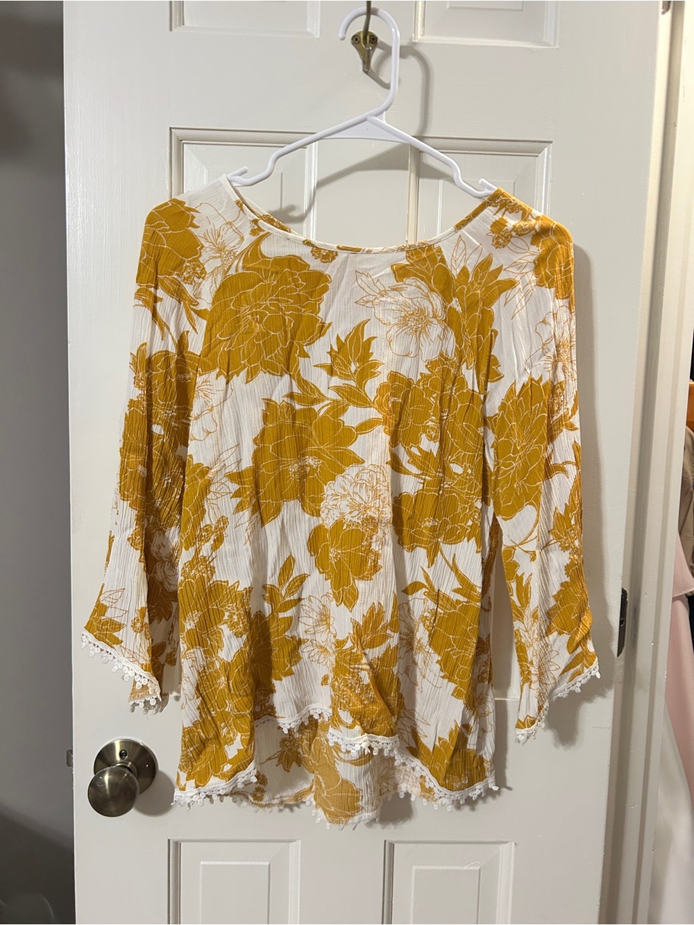 Women’s Floral Lace-Trim Blouse - Mustard on White